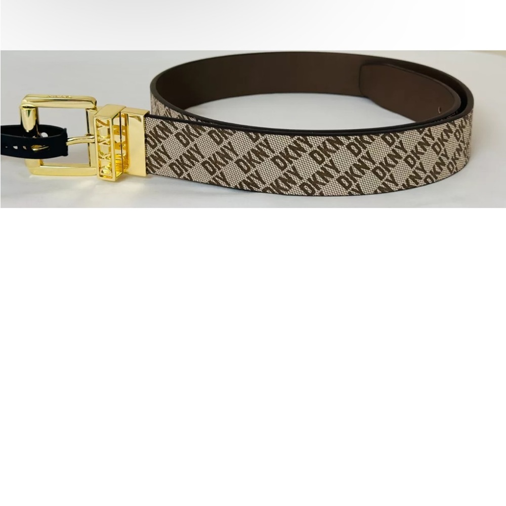DKNY DONNA KARAN BROWN LOGO / BLACK TWIST REVERSIBLE LEATHER BELT SMALL/MED NWT